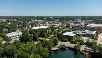 A city with trees and a river